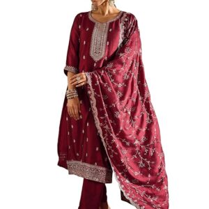 INDO ERA Women's Straight Silk Blend Ethnic Motifs Embroidered Kurta & Pant with Dupatta Set (IESTR9880)